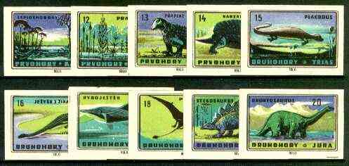 Match Box Labels - 10 Prehistoric Animals (part 2 of 4 nos 11-20), superb unused condition (Czechoslovakian Solo Match Co), stamps on dinosaurs