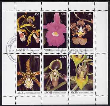 Abkhazia 1996 Orchids perf sheetlet containing complete set of 6 values cto used, stamps on orchids, stamps on flowers