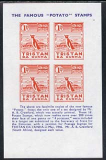 Tristan da Cunha - reprint sheetlet containing block of 4 Potato essays (1d value = 4 potatoes featuring a penguin) with historical text unmounted mint, stamps on penguins, stamps on cinderella