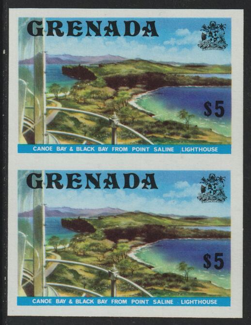 Grenada 1975 Canoe Bay $5 (View from Lighthouse) unmounted mint imperforate pair (as SG 667), stamps on tourism, stamps on lighthouses