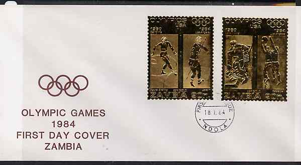 Zambia 1984 Los Angeles Olympic Games two values each embossed on gold foil on cover with first day cancel (sports are Figure Skating, Javelin, Ice Hockey & Basketball), stamps on olympics, stamps on sport, stamps on ice skating, stamps on javelin, stamps on ice hockey, stamps on basketball, stamps on 