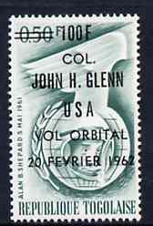 Togo 1962 Colonel Glenns Space Flight 100f on 50c with opt & surcharge in black unmounted mint, SG 301, stamps on space, stamps on masonics, stamps on masonry