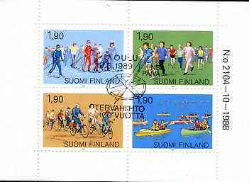 Finland 1989 Sport 7m60 booklet complete with first day commemorative cancel, SG SB27, stamps on sport, stamps on skiing, stamps on running, stamps on bicycles, stamps on canoeing