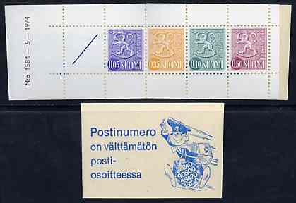 Finland 1974 Lion (National Arms) 1m booklet (blue & white cover) complete and pristine, SG SB11m, stamps on lion, stamps on cats, stamps on arms, stamps on heraldry, stamps on postman