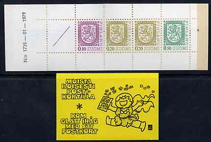 Finland 1978 Lion (National Arms) 1m booklet (black on yellow cover) complete and pristine, SG SB13, stamps on lion, stamps on cats, stamps on arms, stamps on heraldry, stamps on 