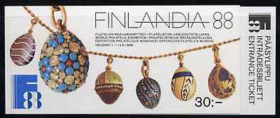 Finland 1988 'Finlandia 88' 30m booklet complete with tear-off admission ticket, with first day commemorative cancel, SG SB24, stamps on stamp exhibitions, stamps on jewellry 