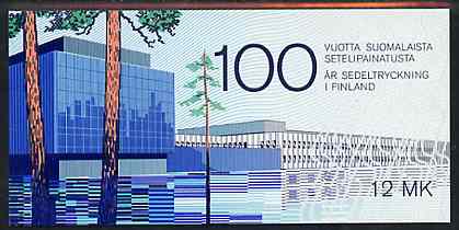 Finland 1985 Centenary of Finnish Banknote Printing 12m booklet complete with first day commemorative cancel, SG SB18, stamps on finance, stamps on money, stamps on coins