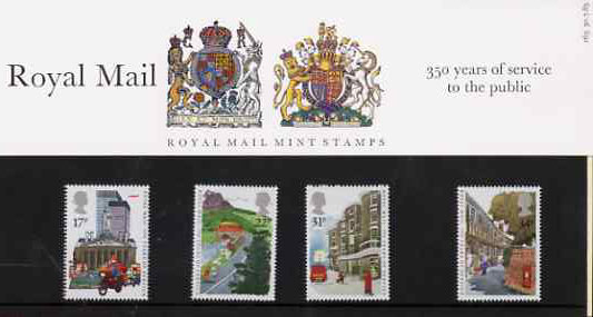 Great Britain 1985 Royal Mail 350 Years set of 4 in official presentation pack, SG 1290-93 , stamps on postal, stamps on postbox, stamps on motorbikes, stamps on buses, stamps on postman