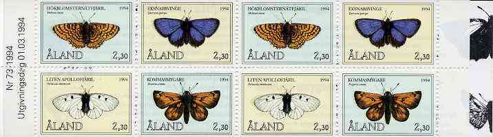 Aland Islands 1994 Butterflies 18m40 booklet complete and fine SG SB2, stamps on butterflies