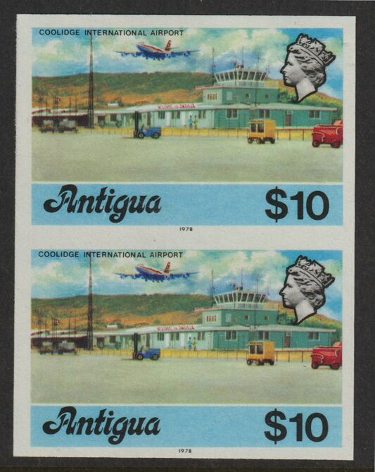 Antigua 1976 Coolidge Airport $10 (with imprint) unmounted mint imperforate pair (as SG 486B), stamps on aviation, stamps on airports