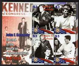 Antigua 2007 90th Birth Anniversary of John F Kennedy perf sheetlet of 4 (JFK elected to the House of Representatives) unmounted mint, SG 4065a, stamps on personalities, stamps on kennedy, stamps on usa presidents, stamps on americana