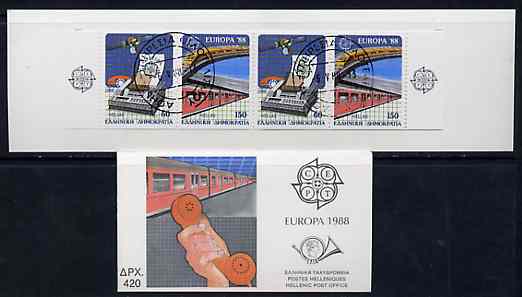 Greece 1988 Europa (Transport & Communications) 420Dr booklet complete with first day cancels, stamps on europa, stamps on transport, stamps on railways, stamps on communications, stamps on telephones, stamps on fax