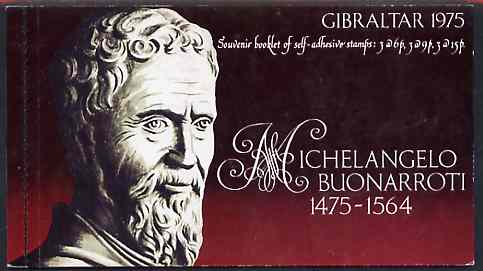 Gibraltar 1975 Michelangelo 90p self-adhesive booklet complete with first day cancels SG SB4, stamps on arts, stamps on michelangelo, stamps on sculpture, stamps on self adhesive, stamps on renaissance