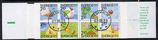 Sweden 1989 Rebate Stamps 42k booklet (Summer Activities) complete with cds cancels, SG SB416, stamps on sailing    canoeing    bicycles     fishing    camping      tents     badminton    gardening    croquet