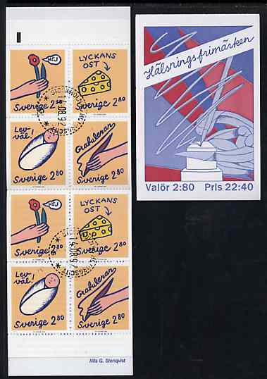 Sweden 1992 Greetings Stamps 22k40 booklet complete with first day cancels, SG SB450, stamps on , stamps on  stamps on writing    cheese     food