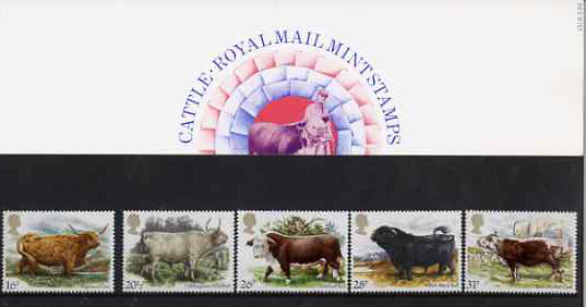 Great Britain 1984 British Cattle set of 5 in official presentation pack SG 1240-44 , stamps on animals, stamps on bovine