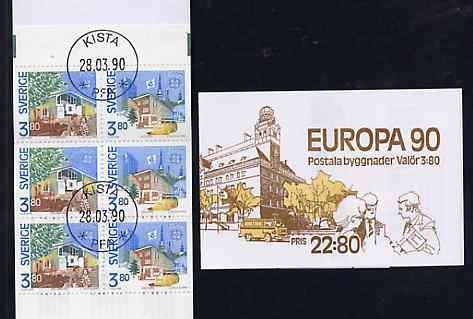 Sweden 1990 Europa 22k80 booklet complete with first day cancels, SG SB425, stamps on europa     postal    buildings