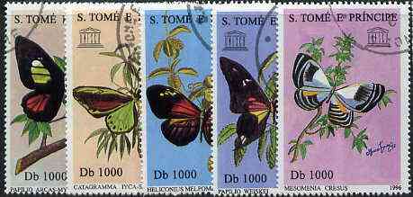 St Thomas & Prince Islands 1996 Butterflies complete set of 5 values cto used, stamps on butterflies