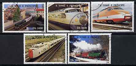 St Thomas & Prince Islands 1997 Locomotives complete set of 5 values cto used, stamps on railways