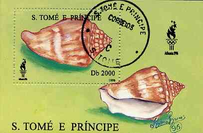 St Thomas & Prince Islands 1996 Atlanta 96 Olympic Games (Shells) perf miniature sheet cto used, stamps on shells     olympics