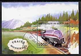 Benin 1997 Locomotives perf miniature sheet cto used, SG MS 1613, stamps on railways