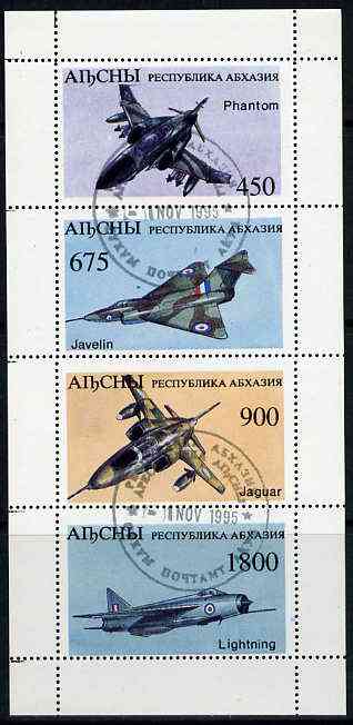 Abkhazia 1995 Fighter Aircraft perf sheetlet containing strip of 4 values cto used, stamps on aviation, stamps on phantom, stamps on javelin, stamps on jaguar, stamps on lightning