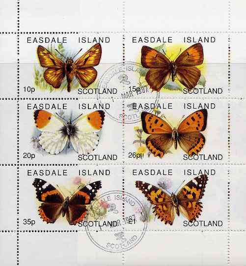 Easdale 1997 Butterflies sheetlet containing complete set of 6 values cto used, stamps on , stamps on  stamps on butterflies