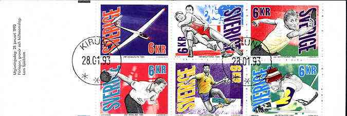 Sweden 1993 Sports Championships 36k booklet complete with first day cancels, SG SB456, stamps on sport, stamps on gliders, stamps on aviation, stamps on bowls, stamps on wrestling, stamps on table tennis, stamps on skiing, stamps on handball