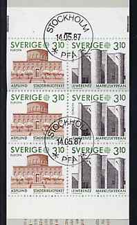 Sweden 1987 Europa 18k60 booklet (Architecture) complete with first day cancels, SG SB398, stamps on europa    architecture     libraries    churches