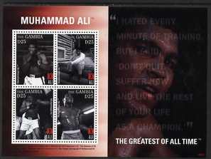 Gambia 2008 Muhammad Ali perf sheetlet of 4 - I hated every minute of training but I said suffer now and live the rest of your life as a champion, unmounted mint, SG 5203a, stamps on , stamps on  stamps on personalities, stamps on  stamps on boxing