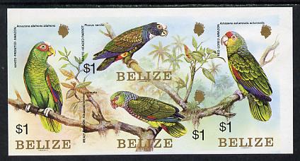 Belize 1984 Parrots set of 4 in imperforate se-tenant block unmounted mint (SG 806a), stamps on birds, stamps on parrots