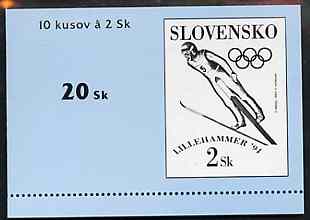 Slovakia 1994 Lillehammer Winter Olympic Games 20k booklet (Ski Jumping pane of 10 x 2k) complete and fine SG SB3, stamps on olympics, stamps on skiing