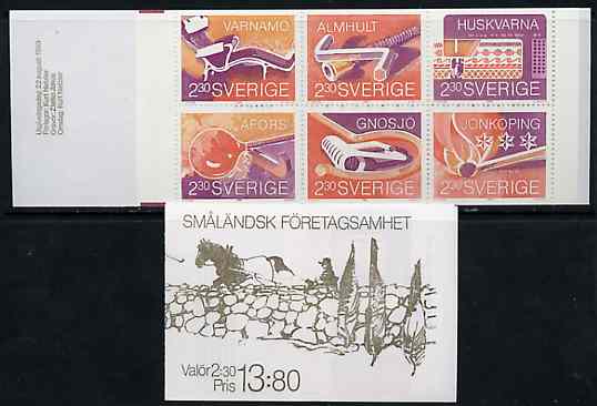 Sweden 1989 Industries of SmÃ¥landsk Towns 13k80 booklet complete and very fine, SG SB418, stamps on furniture    industries    sewing     glass     match      timber