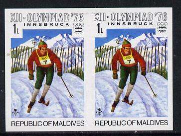 Maldive Islands 1976 Winter Olympics 1l (Cross Country Skiing) unmounted mint imperf pair (as SG 624), stamps on sport, stamps on olympics, stamps on skiing