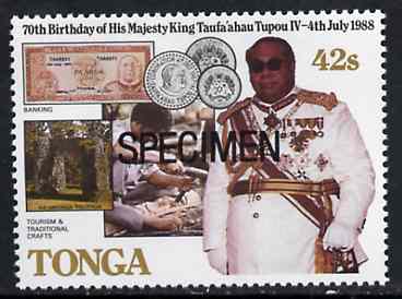 Tonga 1988 King's 70th Birthday 42s opt'd SPECIMEN (showing Coins, Bank Note, Tourism & Crafts) as SG 986 unmounted mint, stamps on royalty, stamps on coins, stamps on finance, stamps on banking, stamps on money, stamps on tourism, stamps on crafts    