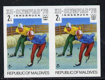 Maldive Islands 1976 Winter Olympics 2l (Speed Skating) unmounted mint imperf pair (as SG 625), stamps on sport, stamps on olympics, stamps on skating