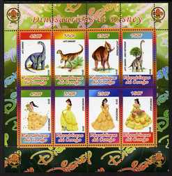 Congo 2010 Disney & Dinosaurs #1 perf sheetlet containing 8 values with Scout Logo unmounted mint, stamps on disney, stamps on films, stamps on cinema, stamps on movies, stamps on cartoons, stamps on scouts, stamps on dinosaurs