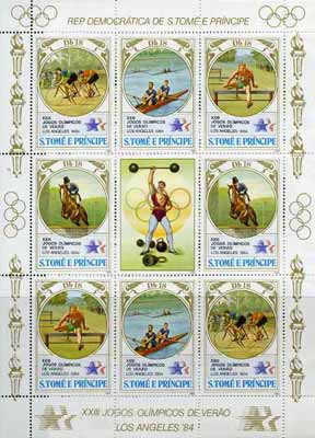 St Thomas & Prince Islands 1983 Olympic Games sheetlet containing 2 each of Cycling, Rowing, Hurdling & Show Jumping plus label showing weightlifting, unmounted mint, Mi 873-76, stamps on , stamps on  stamps on olympics      sport    rowing   bicycles    show jumping   weightlifting    hurdles