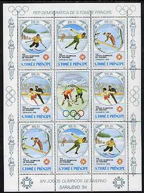 St Thomas & Prince Islands 1983 Olympic Games sheetlet containing 2 each of Downhill Skiing, Ski Jump, Speed Skating & Figure Skating plus label showing Ice Hockey, Mi 86..., stamps on olympics      sport    skiing    skating    ice hockey