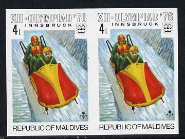 Maldive Islands 1976 Winter Olympics 4l (4-man Bobsleigh) unmounted mint imperf pair (as SG 627), stamps on sport, stamps on bobsled, stamps on olympics