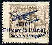 Ecuador 1930s Servicio Interno opt on 30c brown unissued Official stamp without gum with ! instead of full stop after Patria plus AEREO opt doubled, once obliquely, stamps on aviation