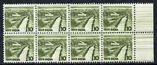 India 1988 Irrigation Canal 10p def perf 13 wmk s/ways unmounted mint block of 8 with spectacular Monsoon Flaw (horiz lines affecting all 8 stamps) SG 922avar, stamps on canals