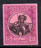 Sudan 1951-61 Shilluk Warrior 5m imperf proof on pink ungummed paper ex De La Rue archives, as SG 127, stamps on militaria, stamps on  kg6 , stamps on 