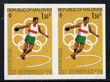 Maldive Islands 1976 Montreal Olympics 1r50 (Discus) unmounted mint imperf pair (as SG 660), stamps on sport, stamps on discus, stamps on olympics