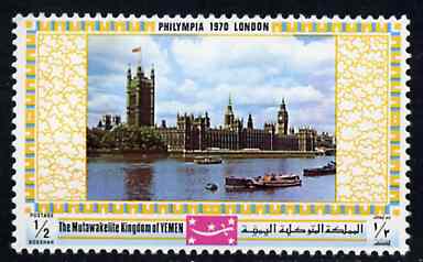 Yemen - Royalist 1970 Philympia 70 Stamp Exhibition 1/2B Houses of Parliament from perf set of 10, Mi 1027A* unmounted mint, stamps on london, stamps on parliament, stamps on constitutions, stamps on tourism, stamps on stamp exhibitions