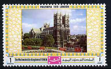 Yemen - Royalist 1970 'Philympia 70' Stamp Exhibition 1B Westminster Abbey from perf set of 10, Mi 1028A* unmounted mint, stamps on london, stamps on cathedrals, stamps on buses, stamps on tourism, stamps on stamp exhibitions        