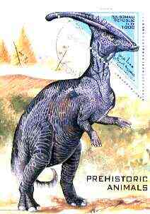 Somalia 1997 Prehistoric Animals miniature sheet containing triangular 1000s value cto used, stamps on dinosaurs, stamps on triangulars