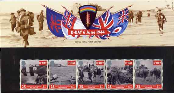 Great Britain 1994 D-Day 50th Anniversary, strip of 5 in official presentation pack SG 1824-28, stamps on ww2   militaria     raf, stamps on tanks, stamps on  ww2 , stamps on  raf , stamps on 