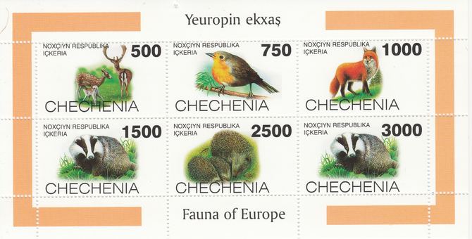 Chechenia 1997 European Fauna sheetlet containing complete set of 6 values unmounted mint, stamps on animals     deer    badger      fox    hedgehogs    robin    birds      dogs, stamps on  fox , stamps on foxes, stamps on 
