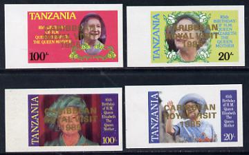 Tanzania 1985 Life & Times of HM Queen Mother imperf proof set of 4 each with Caribbean Royal Visit 1985 opt in gold (unissued) unmounted mint*, stamps on royalty, stamps on royal visit , stamps on queen mother